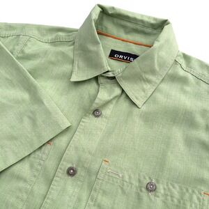 Orvis Mens Medium Short Sleeve Button Down Shirt Green Performance Fishing Tee